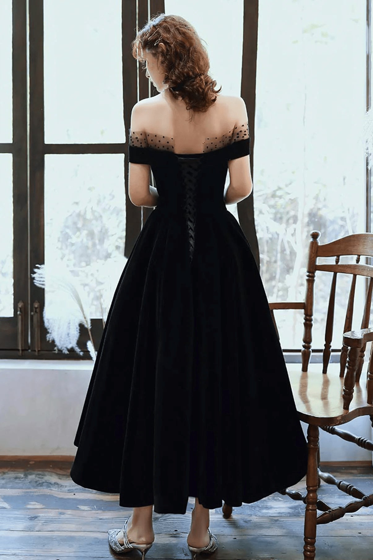 Robe de soirée noire sans bretelles, à lacets, sans manches, coupe trapèze, robe de bal
